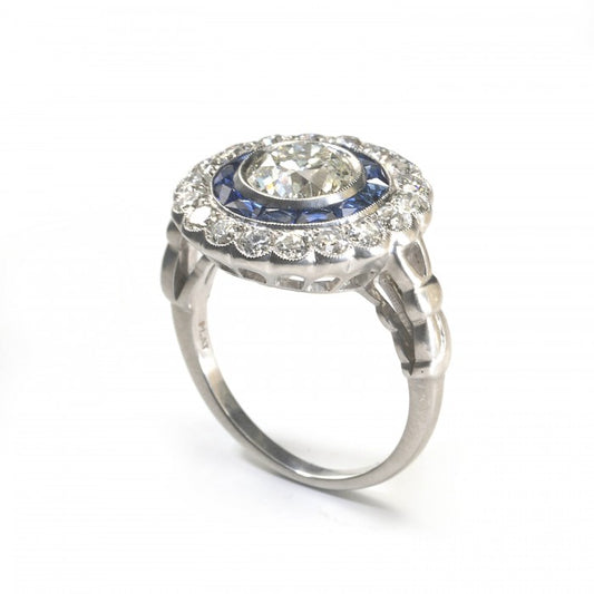 Art Deco Style 1.40ct Old Cut Diamond and Calibre Sapphire Target Cluster Ring in Platinum