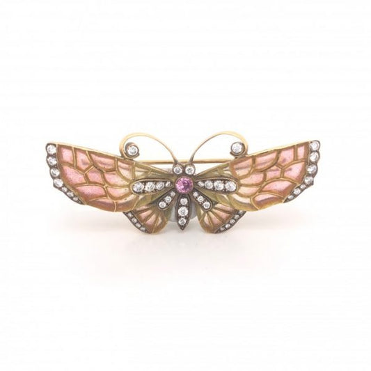 Red to Yellow Plique a Jour Enamel Butterfly Brooch with Diamonds and Ruby