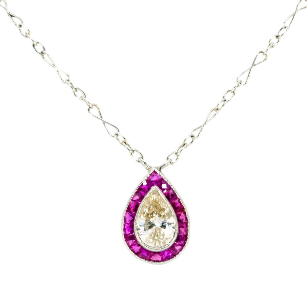 Vintage 1 Carat Diamond And Ruby Necklace In Platinum