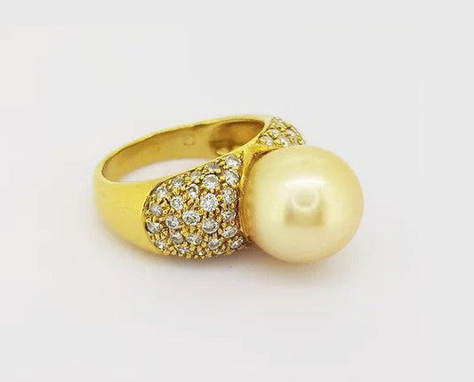 Vintage 11mm Golden South Sea Pearl and Diamond Bombe Cocktail Ring