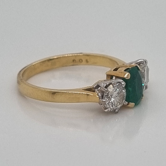 Vintage 0.50ct Oval Emerald and Diamond Trilogy Engagement Ring in 18ct Yellow Gold