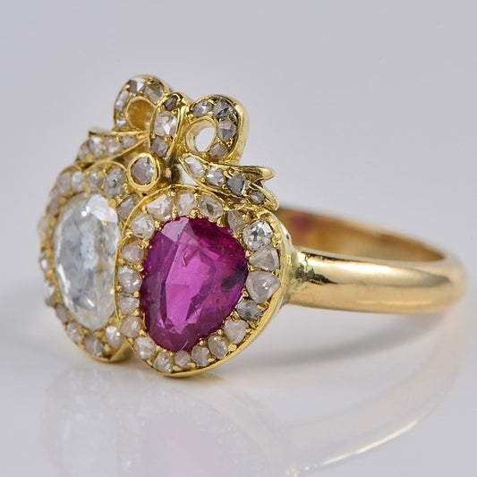 Antique Georgian 19th Century Burma Ruby and Old Cut Diamond Double Heart Cluster Sweetheart Ring in 18ct Yellow Gold