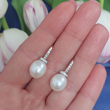 Freshwater Pearl and Diamond Drop Earrings