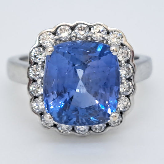 Natural Unheated Ceylon 7.79 carats Blue sapphire and Diamond Cluster Ring
