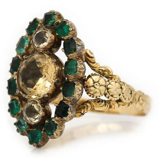 Antique Georgian Yellow Topaz and Emerald Navette Cluster Ring, c.1815
