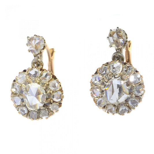 Antique Rose Cut Diamond Cluster Drop Earrings
