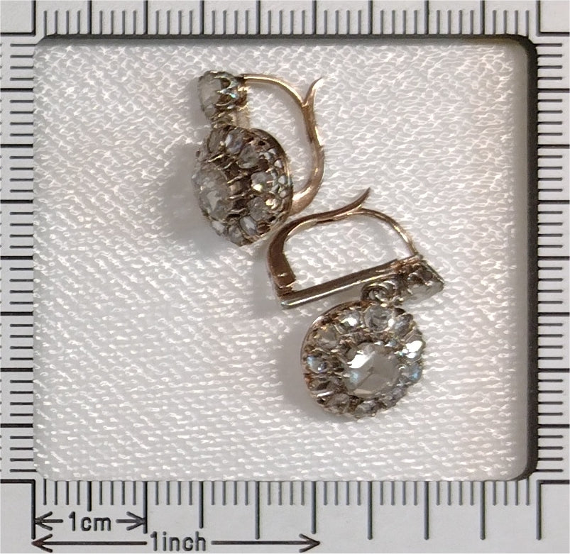Antique Rose Cut Diamond Cluster Drop Earrings