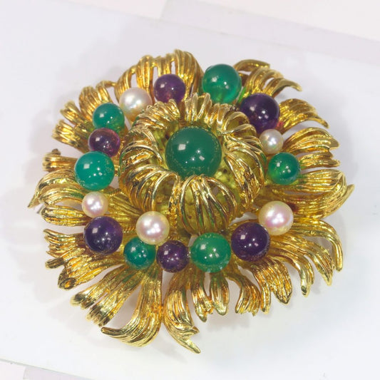 Vintage Multi Gemstone and Gold Flower Brooch Signed Grosse 1969; 18ct yellow gold floral brooch set with amethyst, green agate and cultured pearls