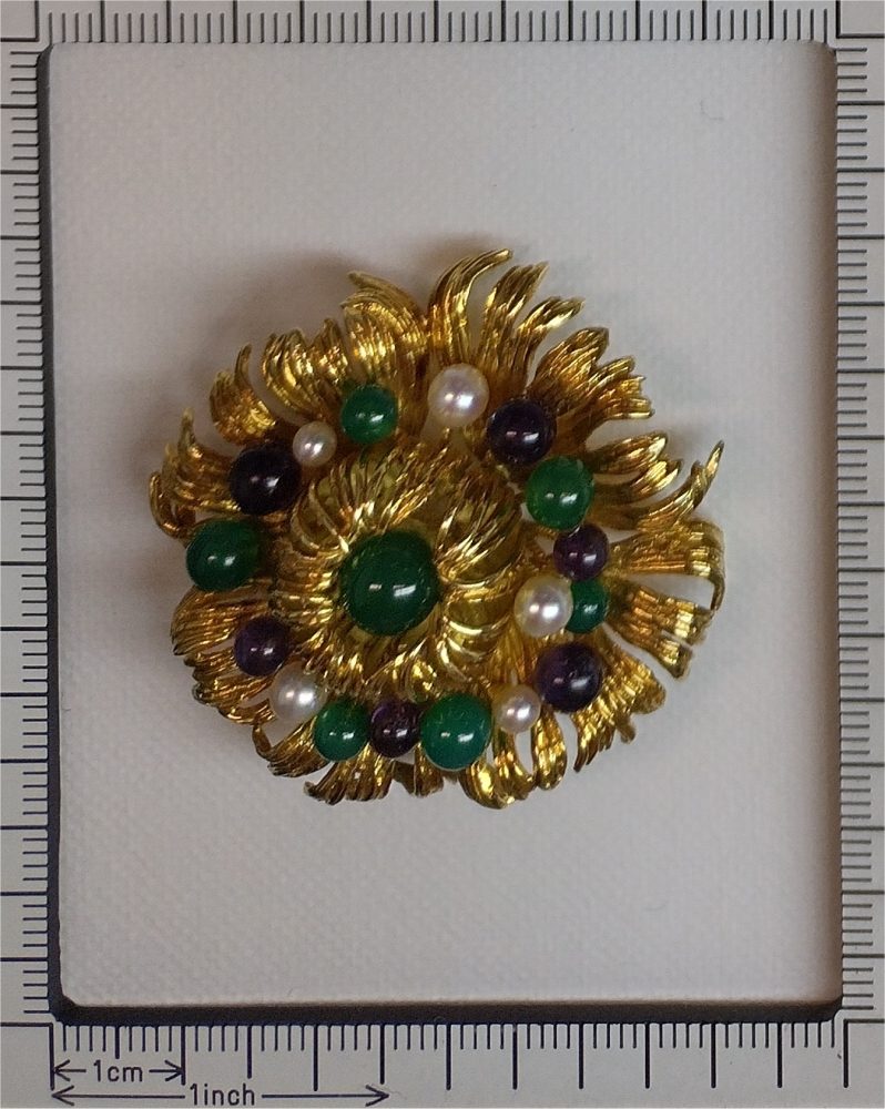 Vintage Multi Gemstone and 18ct Gold Flower Brooch Signed Grosse 1969