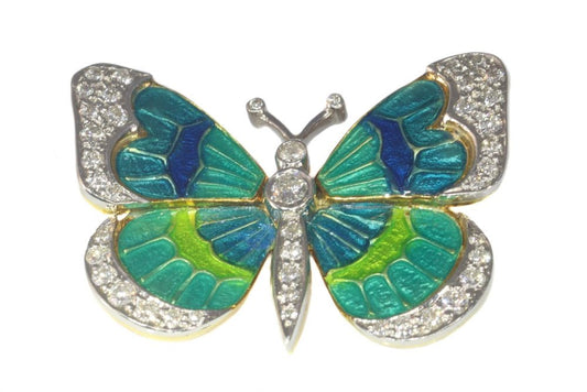 Vintage Blue Green Enamel and Diamond Butterfly Brooch in platinum and 18ct yellow gold, Circa 1980
