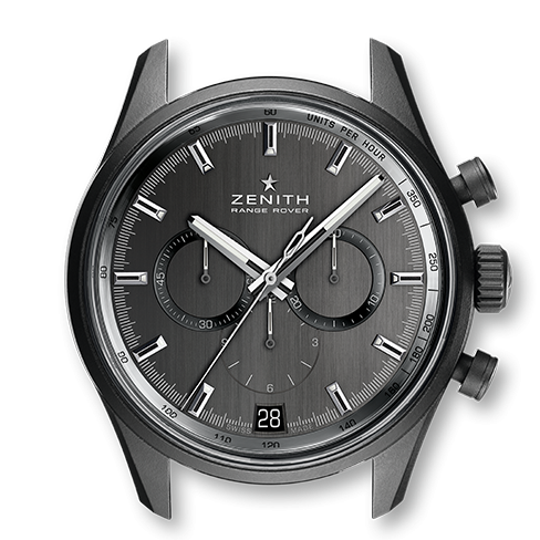 Zenith Range Rover Special Edition Automatic Chronograph Watch, model 24 2040 400 27 R797, 42mm ceramic aluminium case with grey dial, El Primero column-wheel chronograph with date indication at 6 o'clock, Special oscillating weight with Zenith and Range Rover logo, on a black rubber strap with ivory tone perforated calfskin. Brand New with box, papers and two year manufacturer warranty