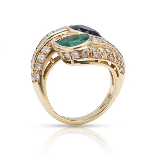 Vintage Pear Cut Sapphire Emerald Two Stone Crossover Ring with Diamonds