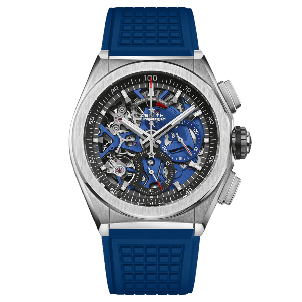 Zenith Defy El Primero 21 Titanium Chronograph Watch, 44mm titanium case with blue display movement and blue textured rubber strap, Model 95.9002.9004/78.R590, Brand New with box, papers and two year manufacturer warranty