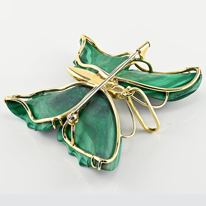Vintage Carved Malachite Butterfly Pendant Brooch 18ct Yellow Gold