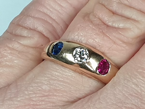 Antique Victorian Diamond, Sapphire and Ruby Three Stone Ring