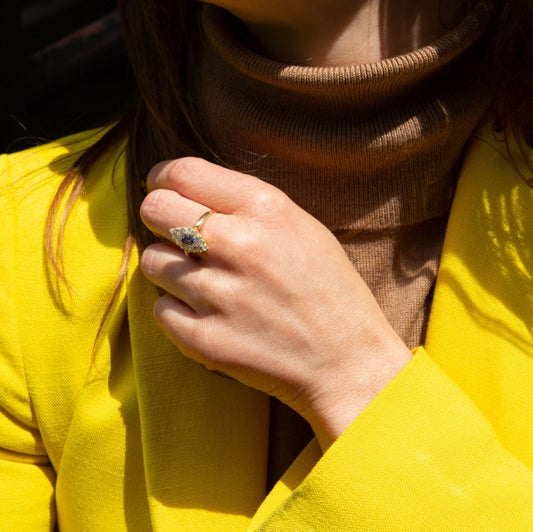 Edwardian Antique Sapphire and Old European Cut Diamond Marquise Cluster Ring