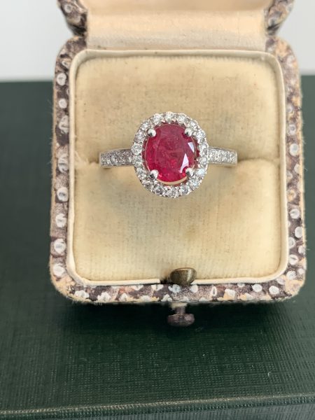 Ruby and Diamond Halo Cluster Engagement Ring, 1.71 carats No Heat