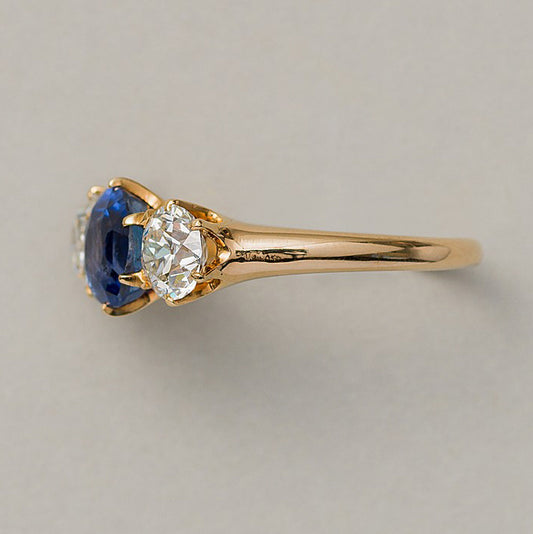 Victorian Antique 2.63ct Natural Ceylon Sapphire and Diamond Three Stone Engagement Ring by Bailey Banks and Biddle