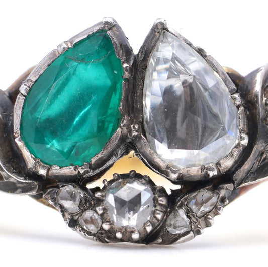 Georgian Antique 1ct Pear Cut Diamond and Emerald Two Stone Ring