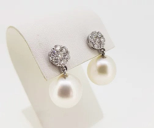 South Sea Pearl and Diamond Cluster Drop Earrings