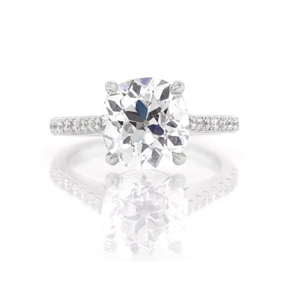 Platinum 3.56 Carat Cushion-Cut Diamond Ring with Diamond-Set Shoulder
