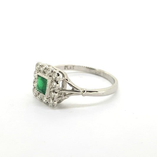 Edwardian Style Vintage Emerald and Diamond Cluster Ring in Platinum, Circa 1970s