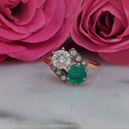 Vintage Emerald and Diamond Toi et Moi Two Stone Crossover Engagement Ring