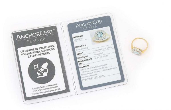 Aquamarine and Diamond 18ct Yellow Gold Art Deco Style Ring with Gem Cert