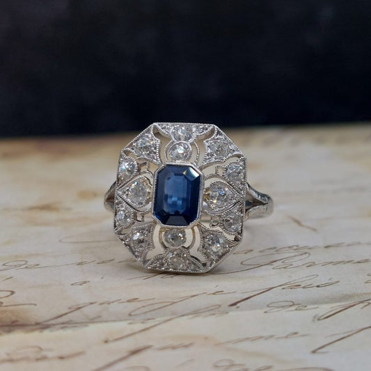 Art Deco Antique Sapphire and Old Cut Diamond Cluster Ring