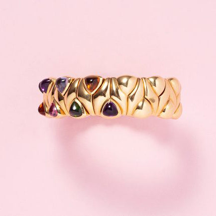 Vintage Kutchinsky Multi Gemstone Set 18ct Yellow Gold Flexible Bangle Bracelet; set with citrine, pink tourmaline, green tourmaline, amethyst and iolite