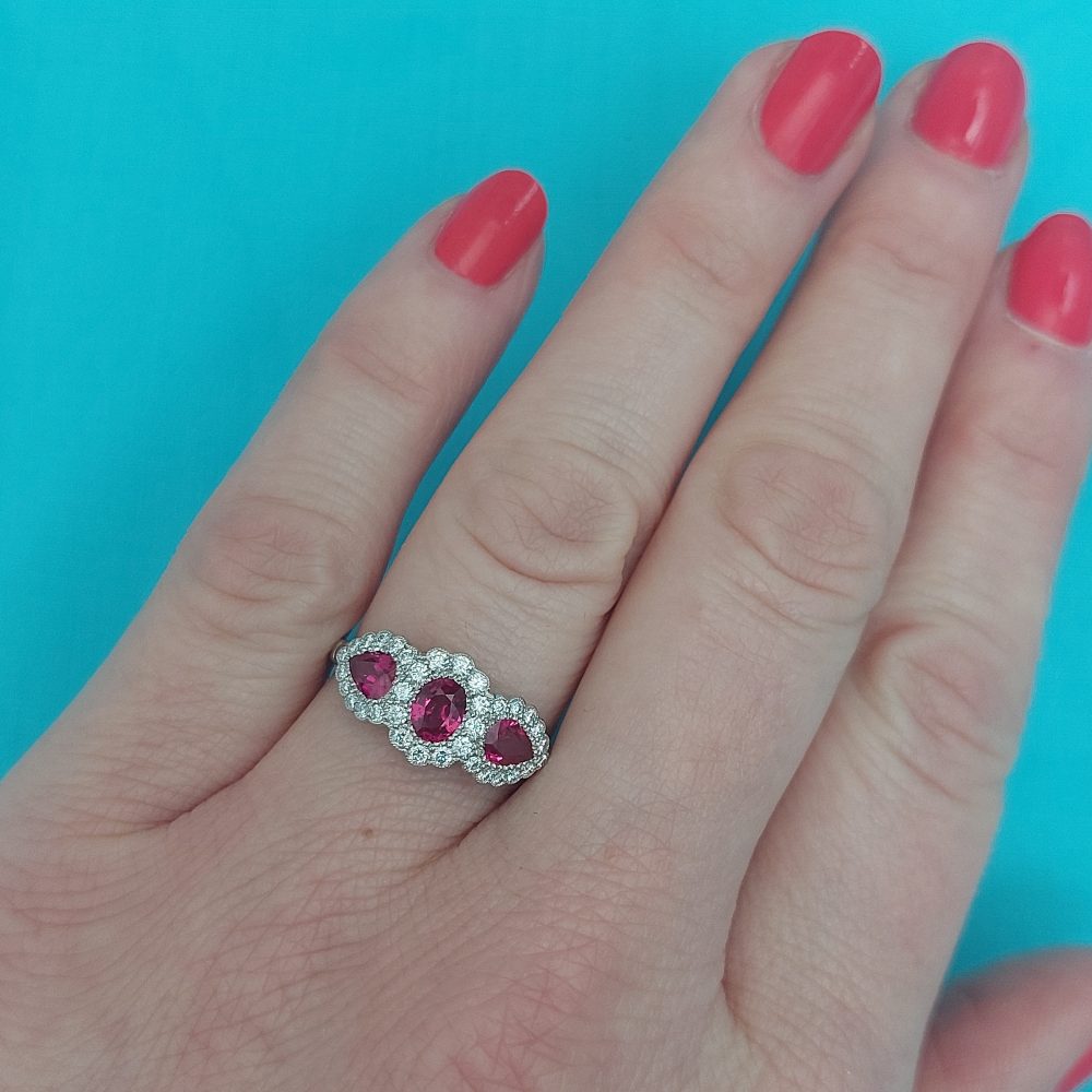 Modern 1.12ct Ruby and Diamond Triple Cluster Ring
