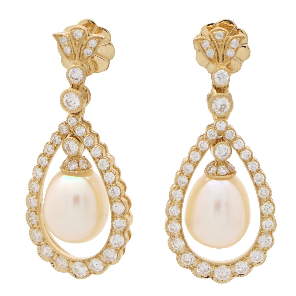 Pearl and Diamond Cluster Drop Earrings in 18ct Yellow Gold