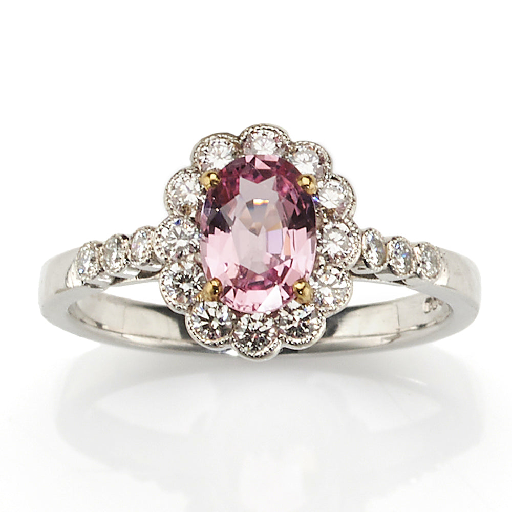 Padparadscha Sapphire and Diamond Cluster Ring