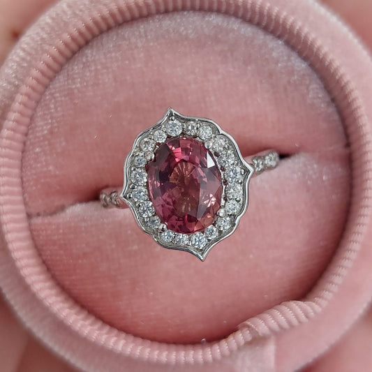 Padschapdra Sapphire and Diamond Cluster Ring boxed