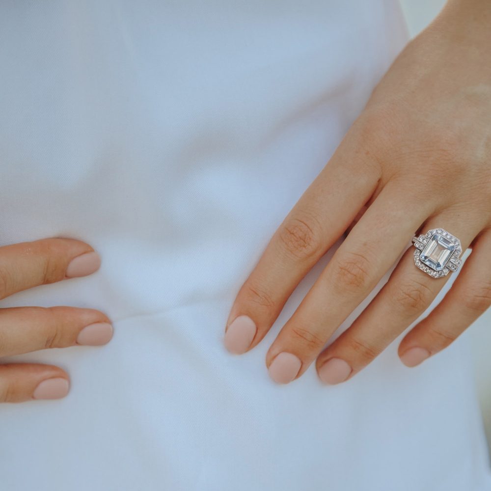 Art Deco Style 2.8ct Aquamarine and Diamond Cluster Dress Ring in 18ct White Gold