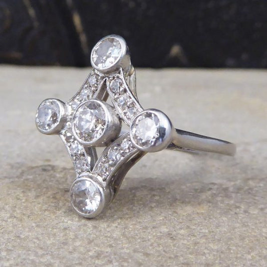 Antique Edwardian Diamond Set Geometric Kite Shape Ring, Platinum