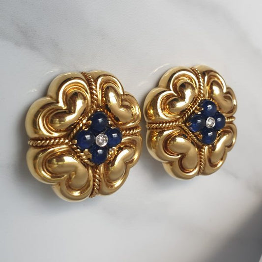 Vintage Sapphire Diamond Gold Quatrefoil Earrings