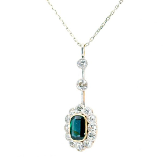 Vintage Sapphire and Old Mine Cut Diamond Drop Pendant