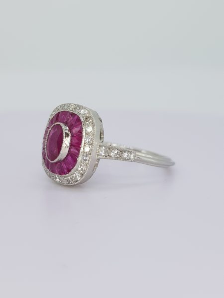 Ruby and Diamond Cluster Target Ring in Platinum
