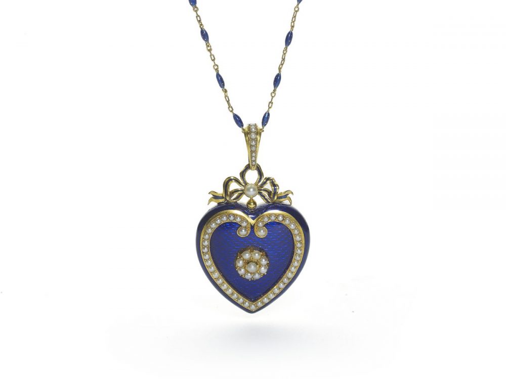 Antique Victorian blue enamel pearl gold heart locket pendant necklace