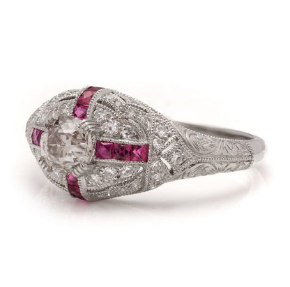 0.53ct Old European Cut Diamond and Ruby Cluster Ring