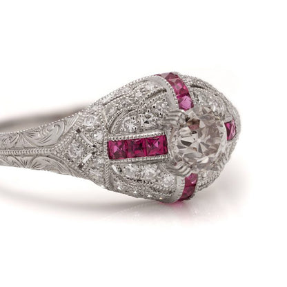 0.53ct Old European Cut Diamond and Ruby Cluster Ring