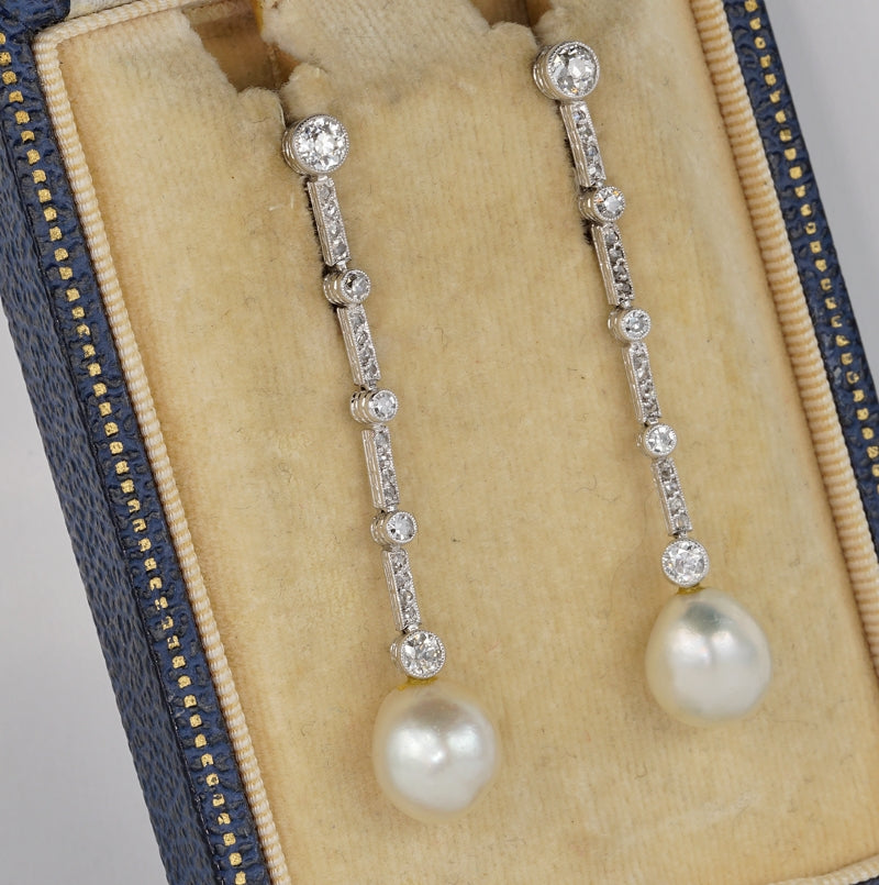 Antique Edwardian Certified Natural Pearl and Diamond Drop Earrings
