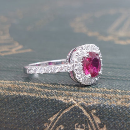 Vintage 1.20ct Ruby and Diamond Halo Cluster Engagement Ring
