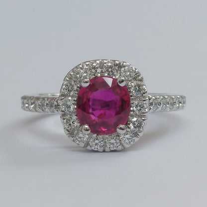 Vintage 1.20ct Ruby and Diamond Halo Cluster Engagement Ring