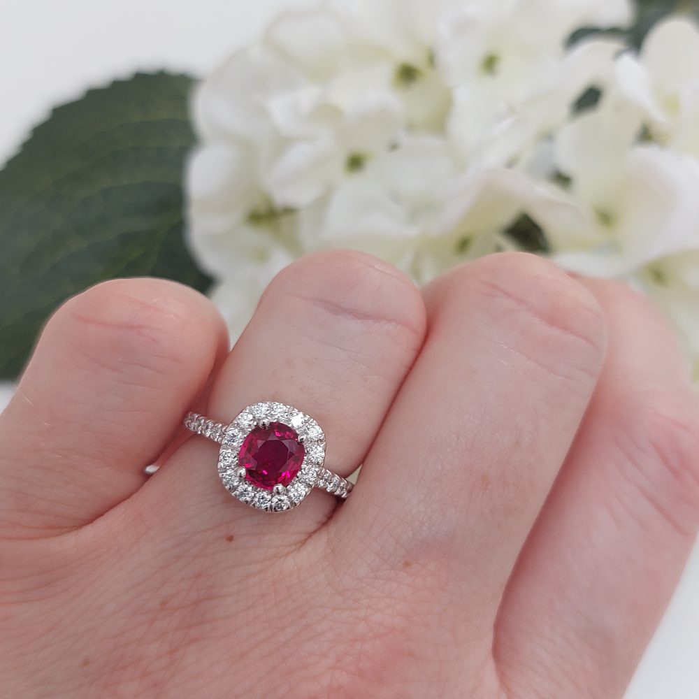 Vintage 1.20ct Ruby and Diamond Halo Cluster Engagement Ring