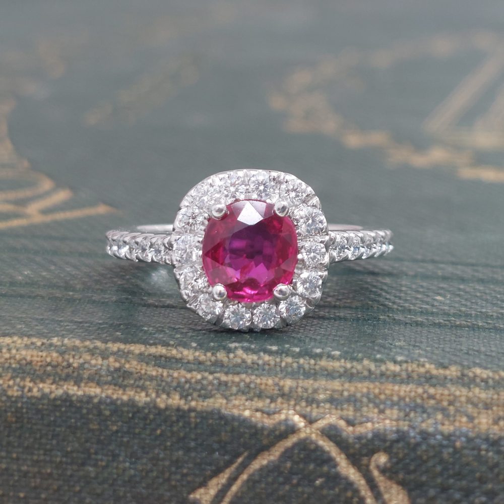 Vintage 1.20ct Ruby and Diamond Halo Cluster Engagement Ring