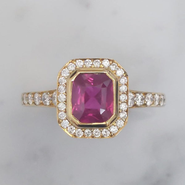 1.46ct Radiant Cut Ruby and Diamond Cluster Ring