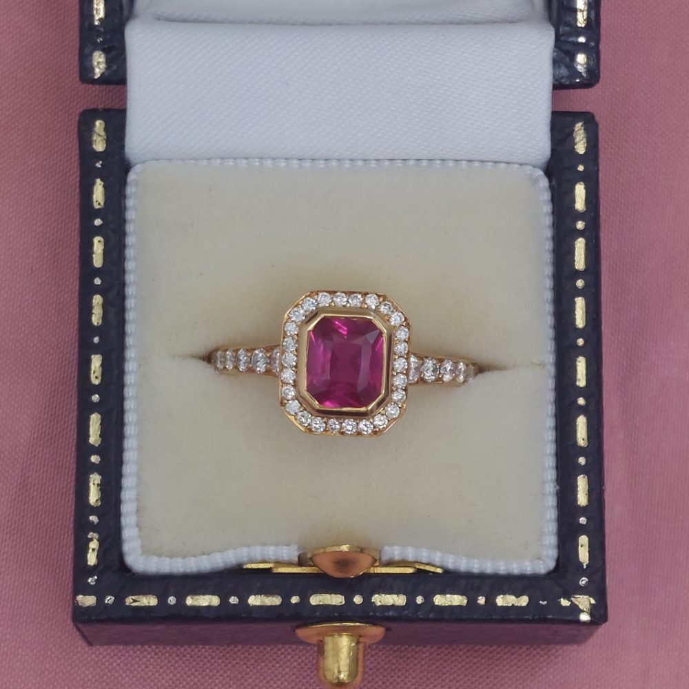 1.46ct Radiant Cut Ruby and Diamond Cluster Ring