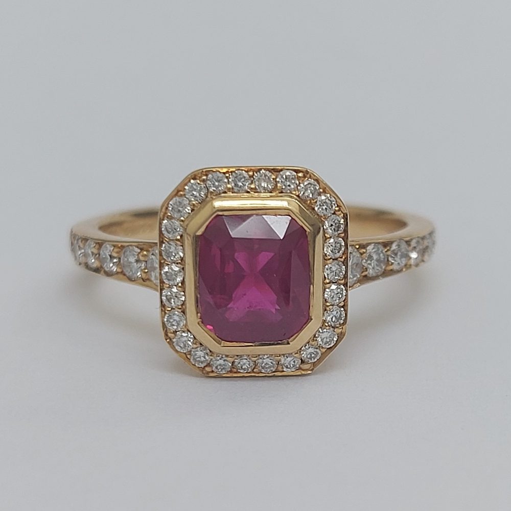 1.46ct Radiant Cut Ruby and Diamond Cluster Ring